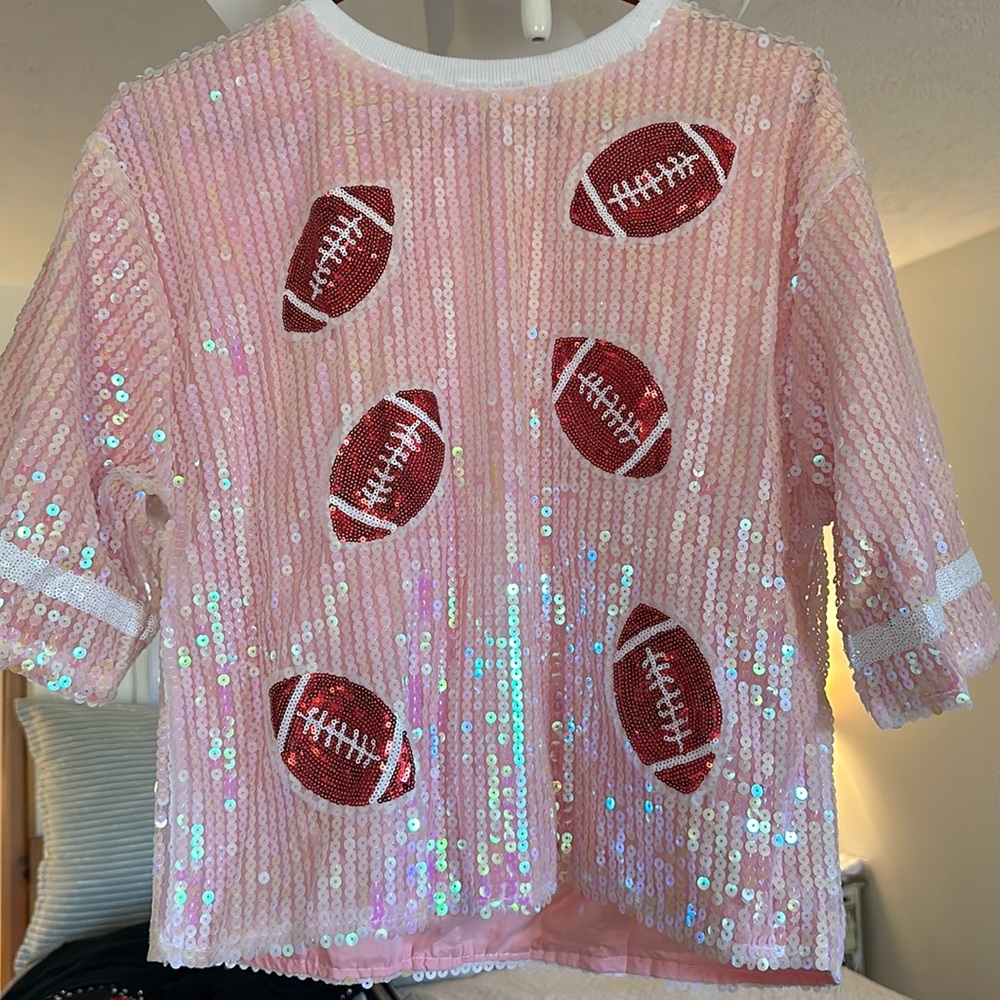 Pink, white and red sequin football shirt